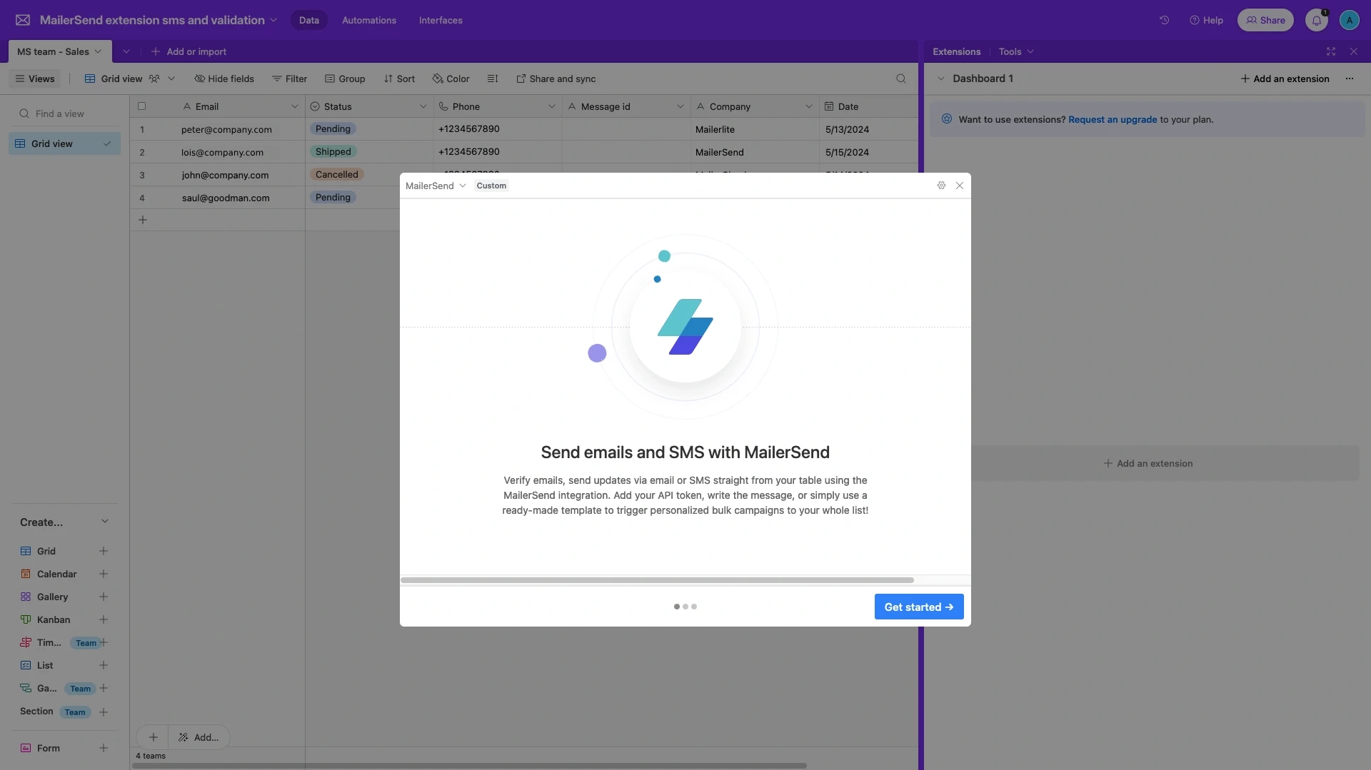 A view of Airtable and the MailerSend extension Get started screen.