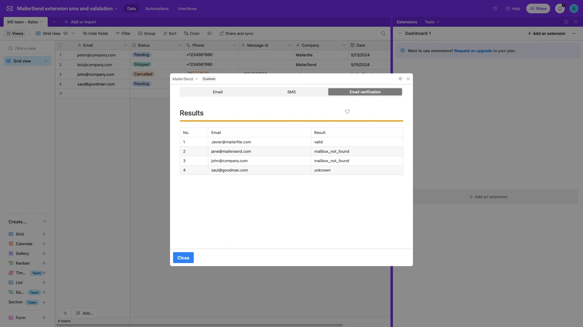 Email verification results in Airtable.