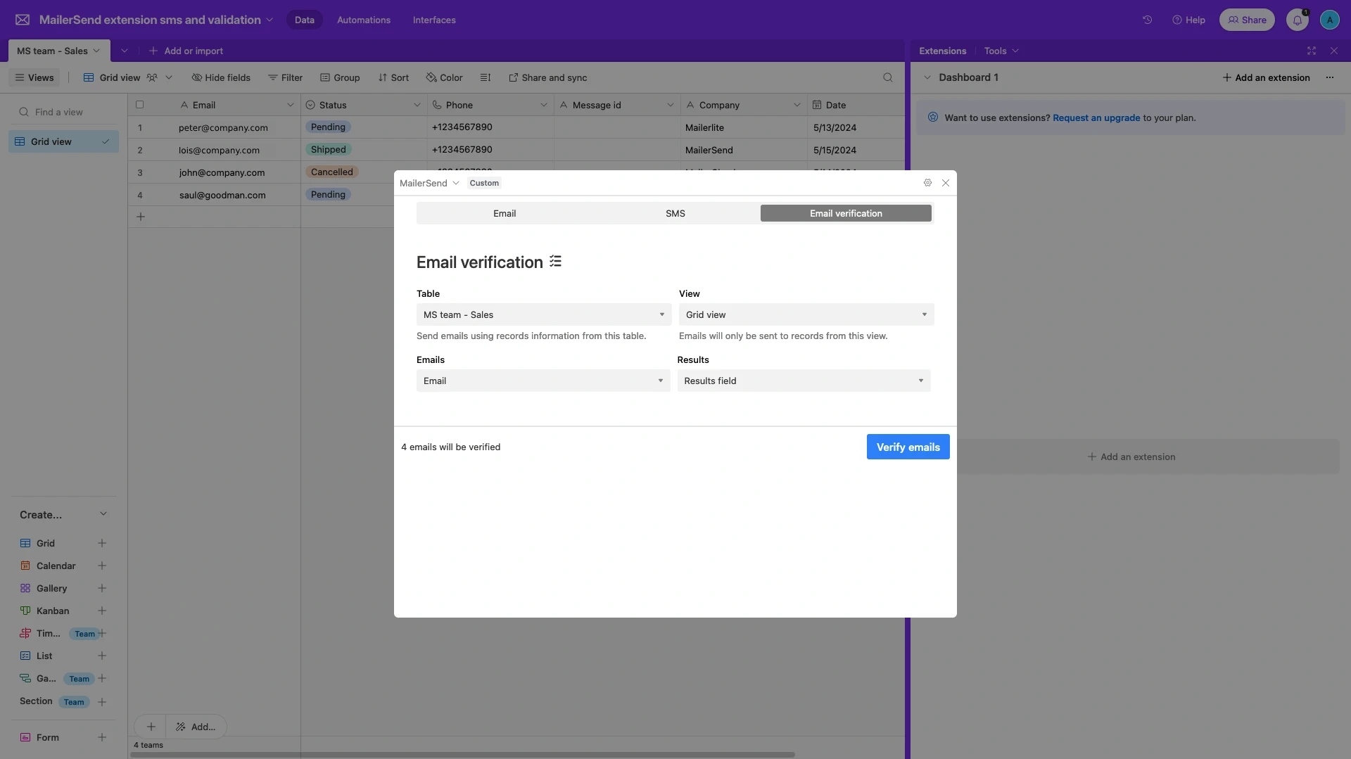 Email verification settings in Airtable.