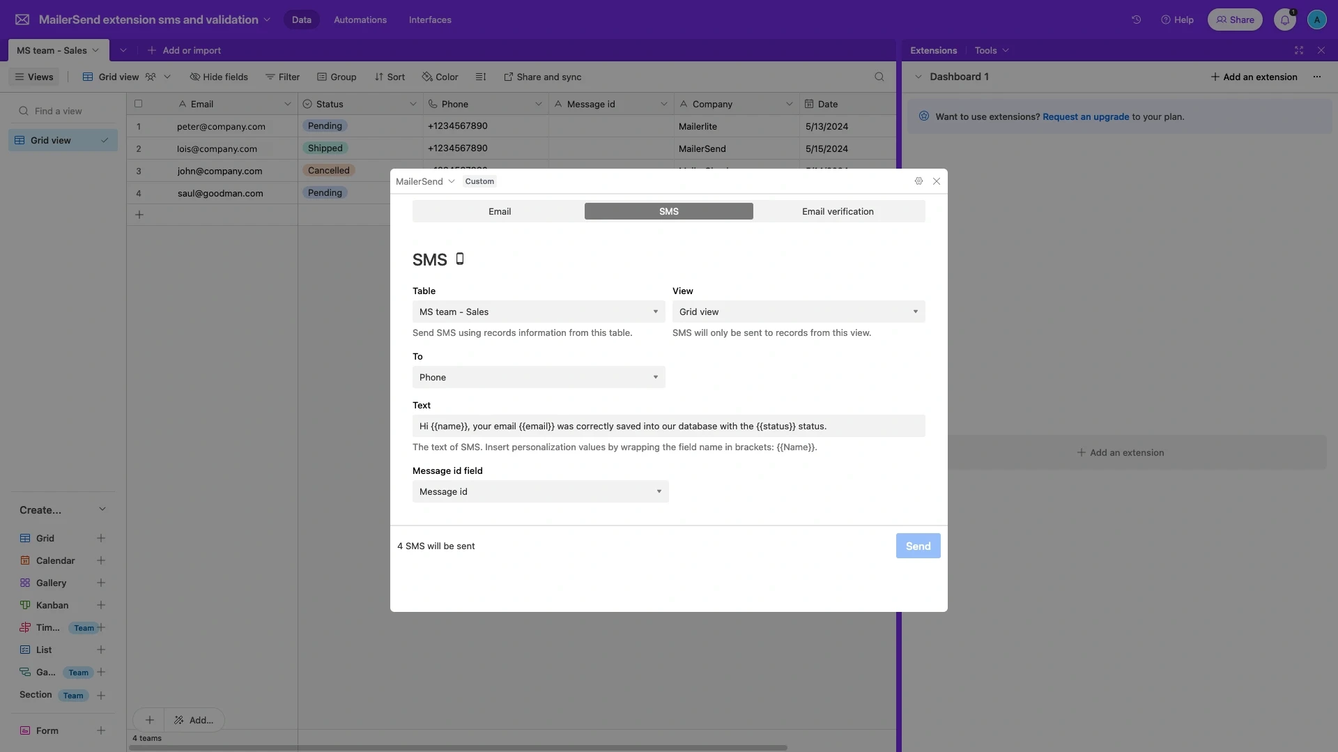 SMS settings in Airtable.