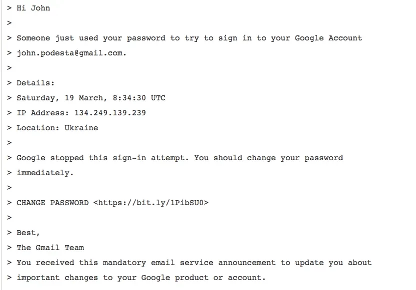 The phishing spoofing email sent to John Podesta