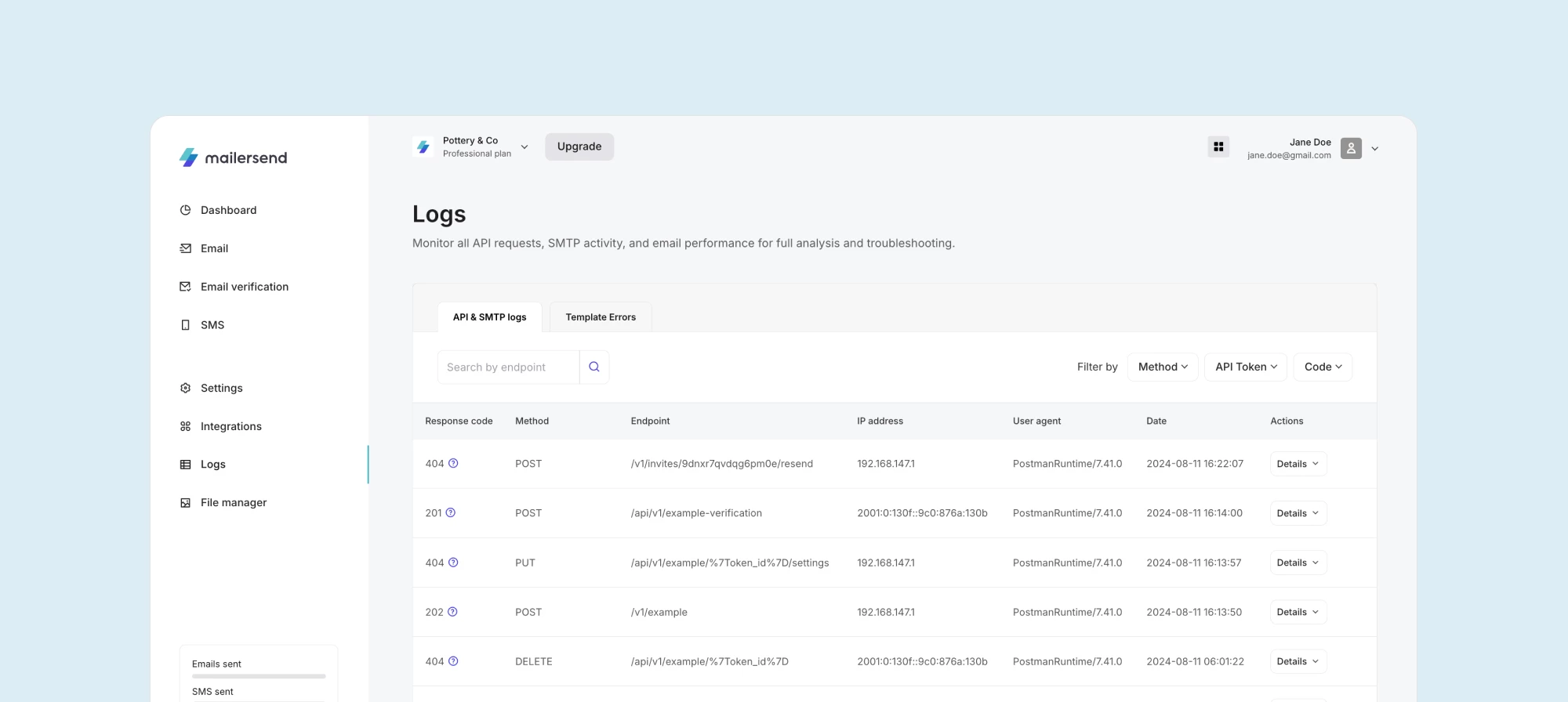 The MailerSend activity logs. 