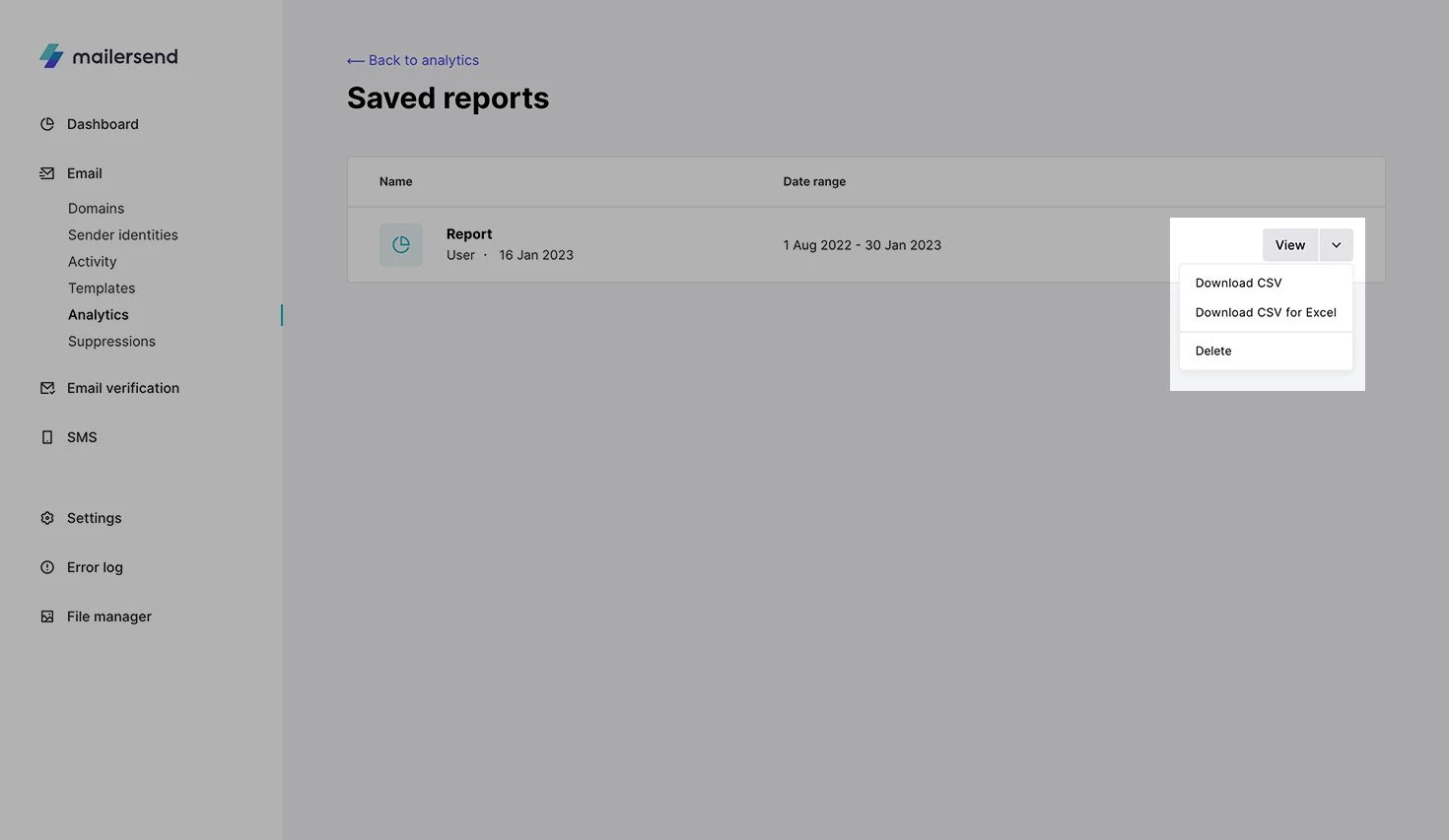 How to export a saved report in MailerSend.